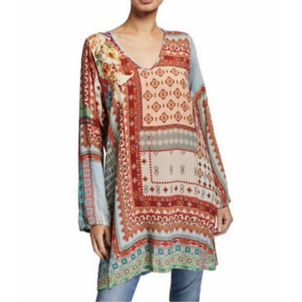 Johnny Was Canvasita Tunic Top Womens Large Floral Rayon Boho Peasant Artsy